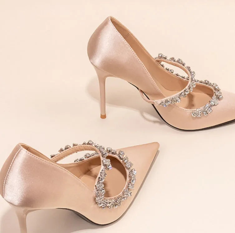 Nude slip-on high heels with rhinestone decorations, satin upper, sheepskin lining, 8CM heel height