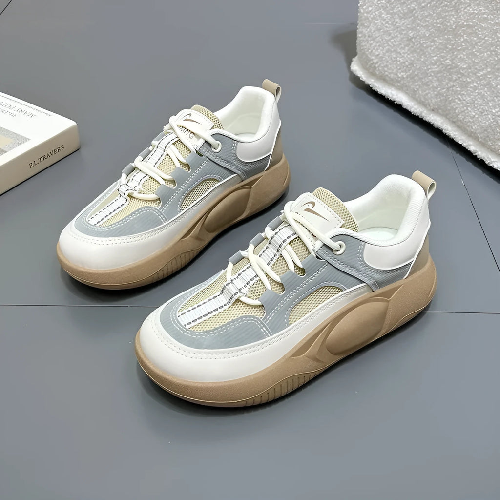 Women's platform board shoes in beige green, front lace-up with round toe and solid colour artificial PU upper