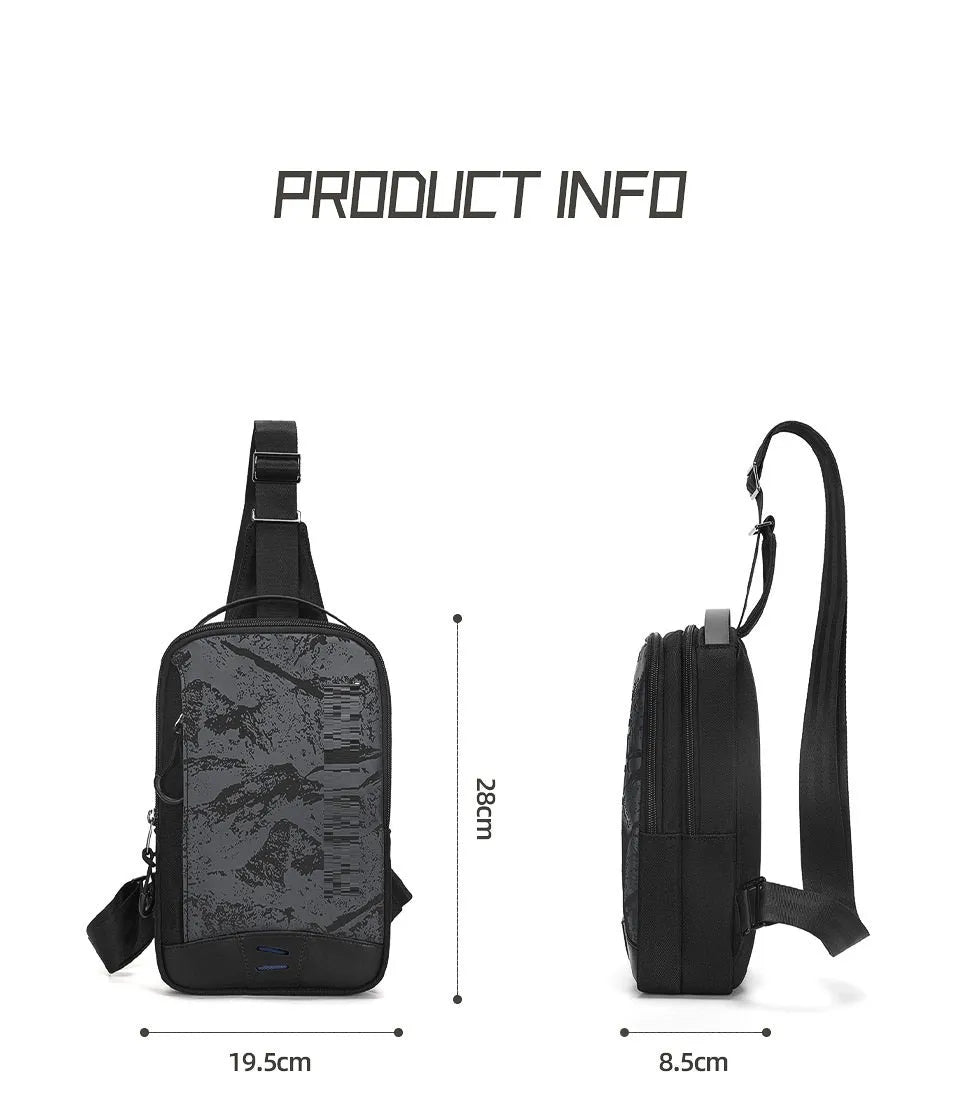 Casual black TPU chest bag with square vertical shape, single shoulder strap, and landscape pattern design