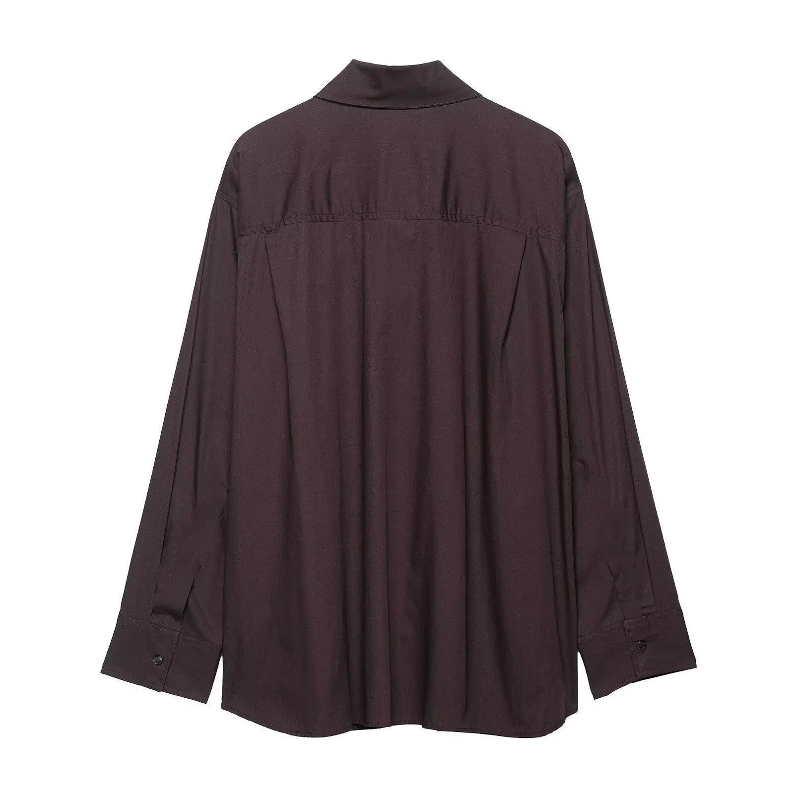 Brown loose fit women's long sleeve poplin shirt with a bow tie scarf