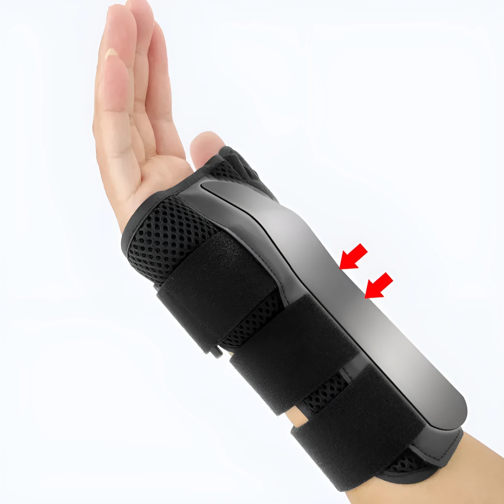 Black carbon fibre sports wrist guard with thumb strap and grey edging for left or right hand wearing