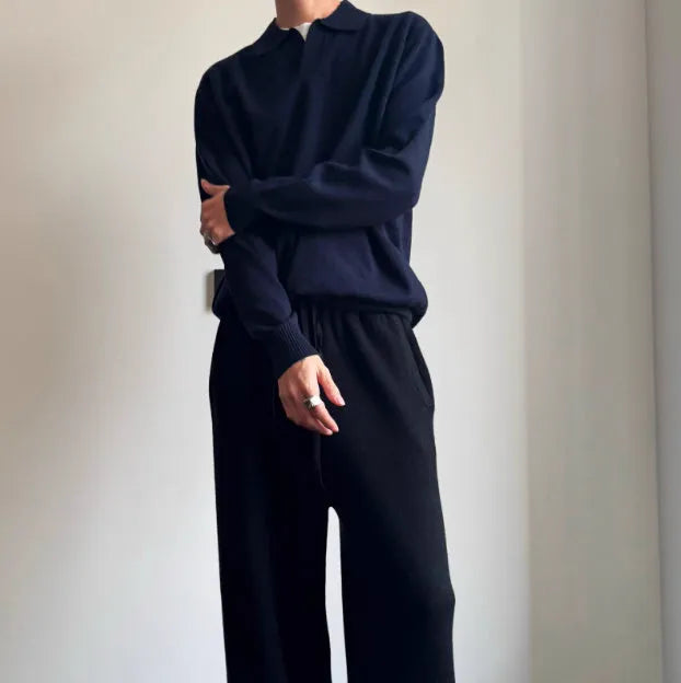 Old Money style pure wool polo sweater with lapel collar in loose fit, shown in navy blue colour.
