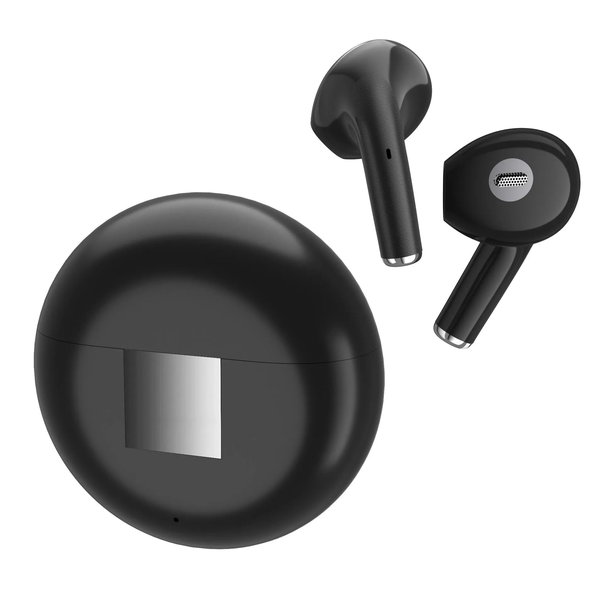 White Budz5 J6 wireless Bluetooth semi-in-ear headphones with charging case on a white background.