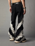 Black white patchwork slim fit rough edge washed jeans with mid waist and zip fly