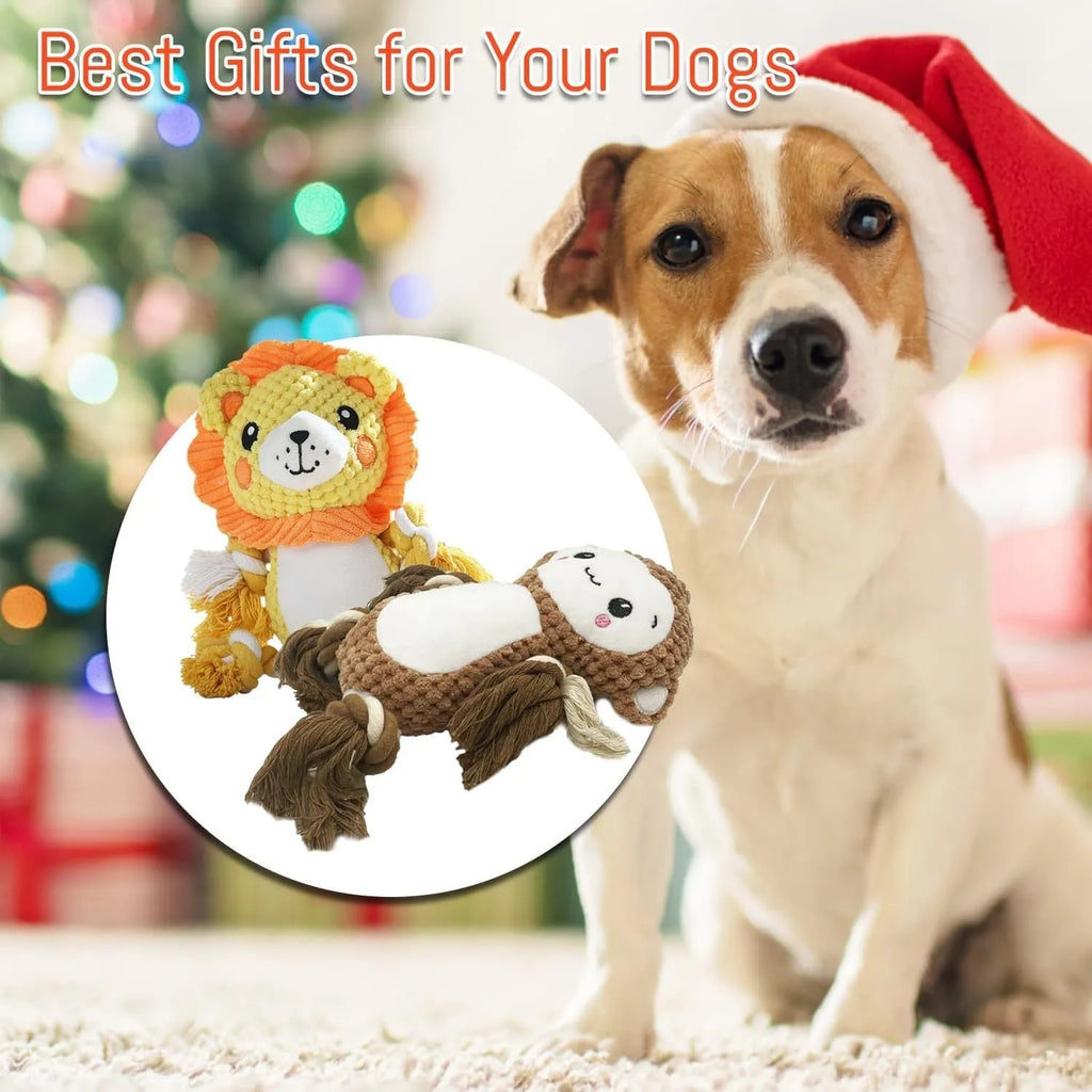 Lion and monkey soft plush squeaky dog toys bundle for medium large dogs