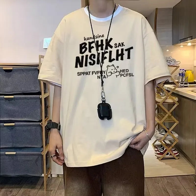 American Vintage men's pure cotton loose drop shoulder T-shirt in black with letter print on front