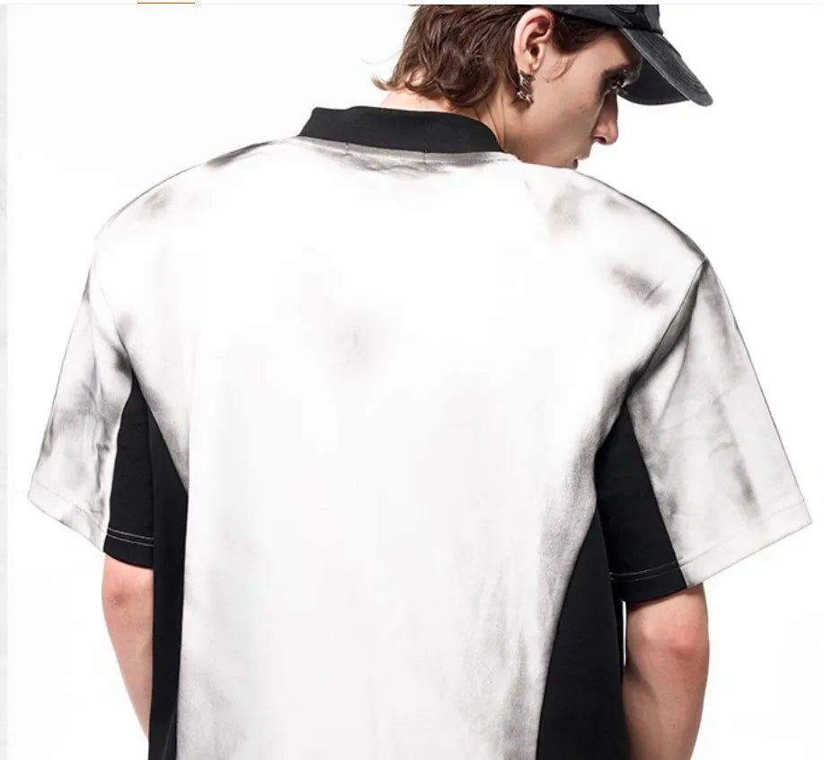 V-neck short sleeve top with padded shoulders and snake letter pattern print in Korean style