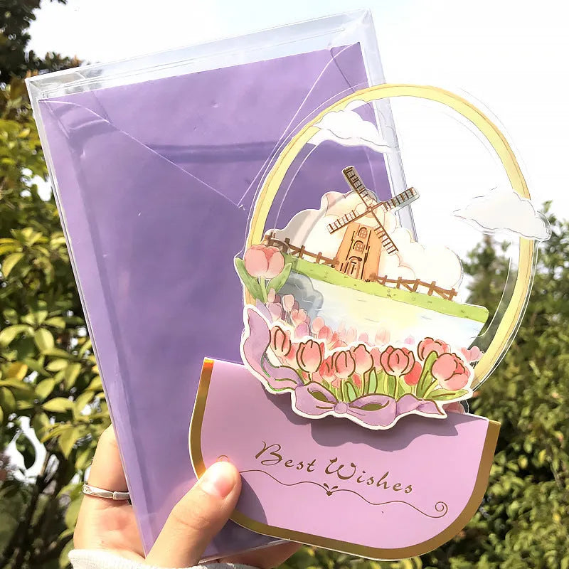 Handmade 3D boxed greeting card with butterfly shape, hot stamping, and artificial flowers on coated paper.