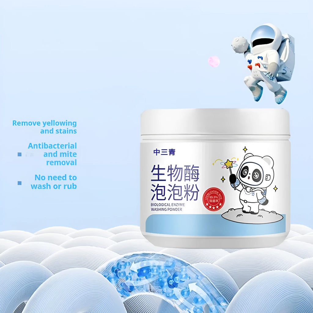 Bottle of biological enzyme bubble powder laundry detergent with active oxygen for stain removal