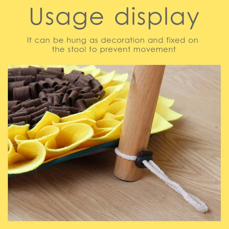 Yellow sunflower-shaped dog snuffle mat with rope and buckle for hanging or fixing