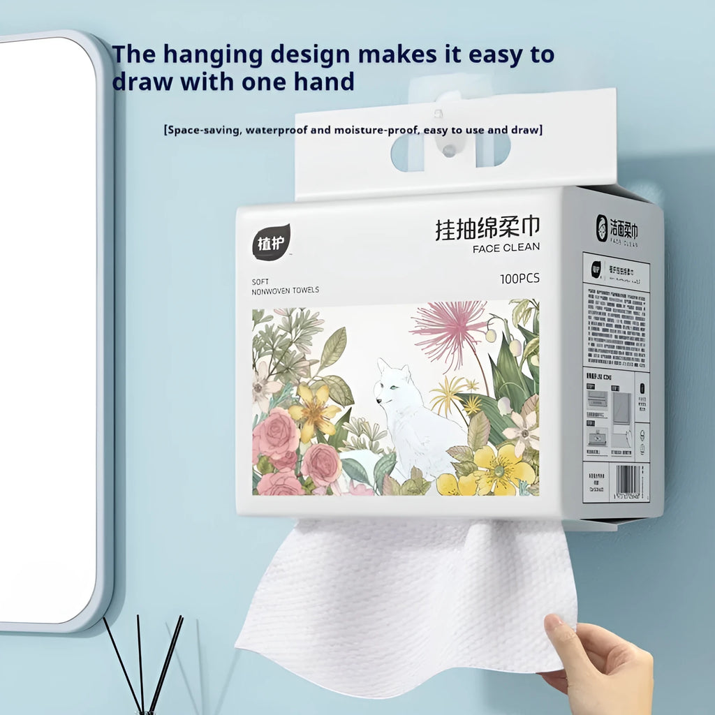Disposable face cloth roll with removable hanging hook showing soft towel sheets