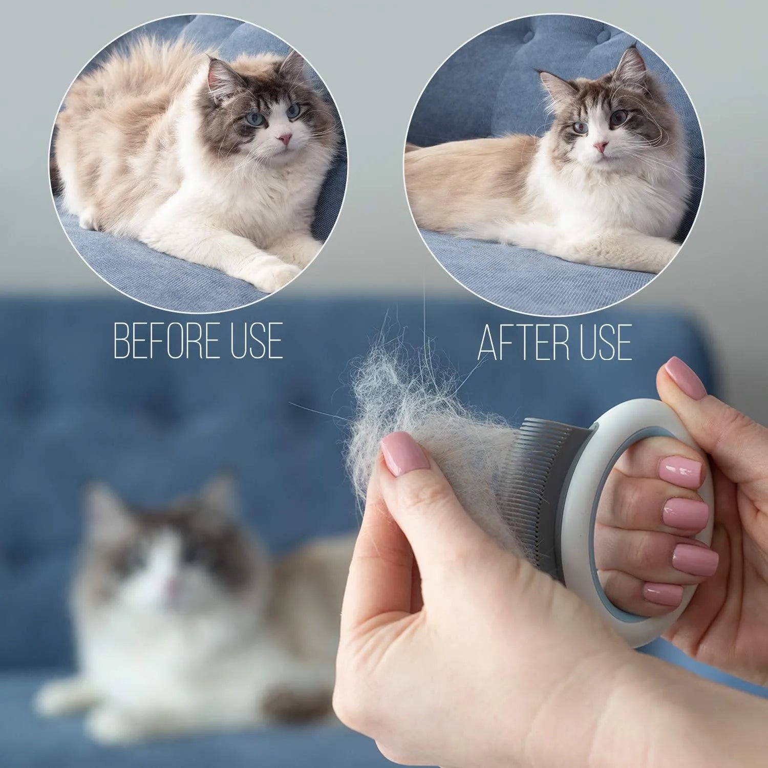 Blue pet grooming comb for cats and dogs on a white background, showing ergonomic handle and soft teeth.