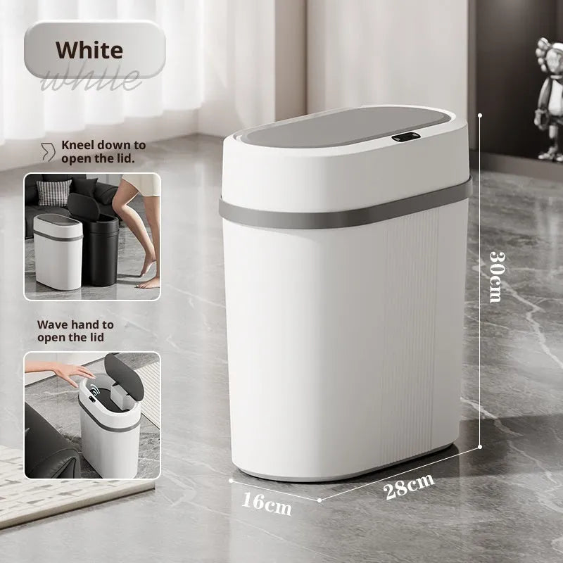 Smart trash can with waterproof sealed lid in black or white, square PP body for home use