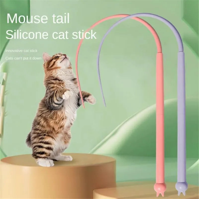 Blue cat teasing wand with long silicone mouse tail and cat head handle on white background