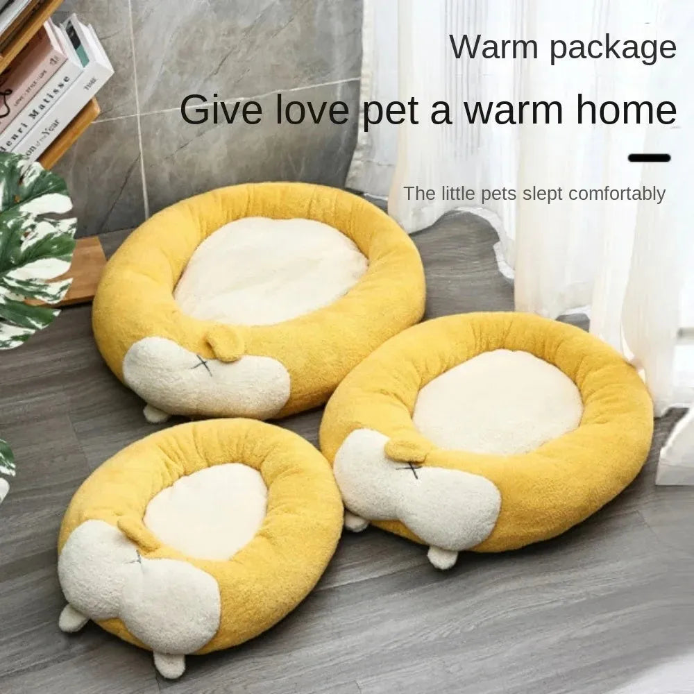 A soft plush corgi-shaped pet bed for dogs or cats, shown in three available sizes.