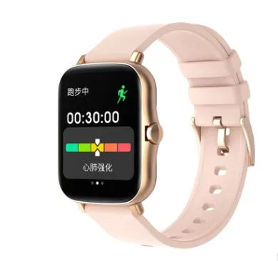 Blue smart sports watch with 1.7-inch touch screen on adjustable strap showing fitness tracking display