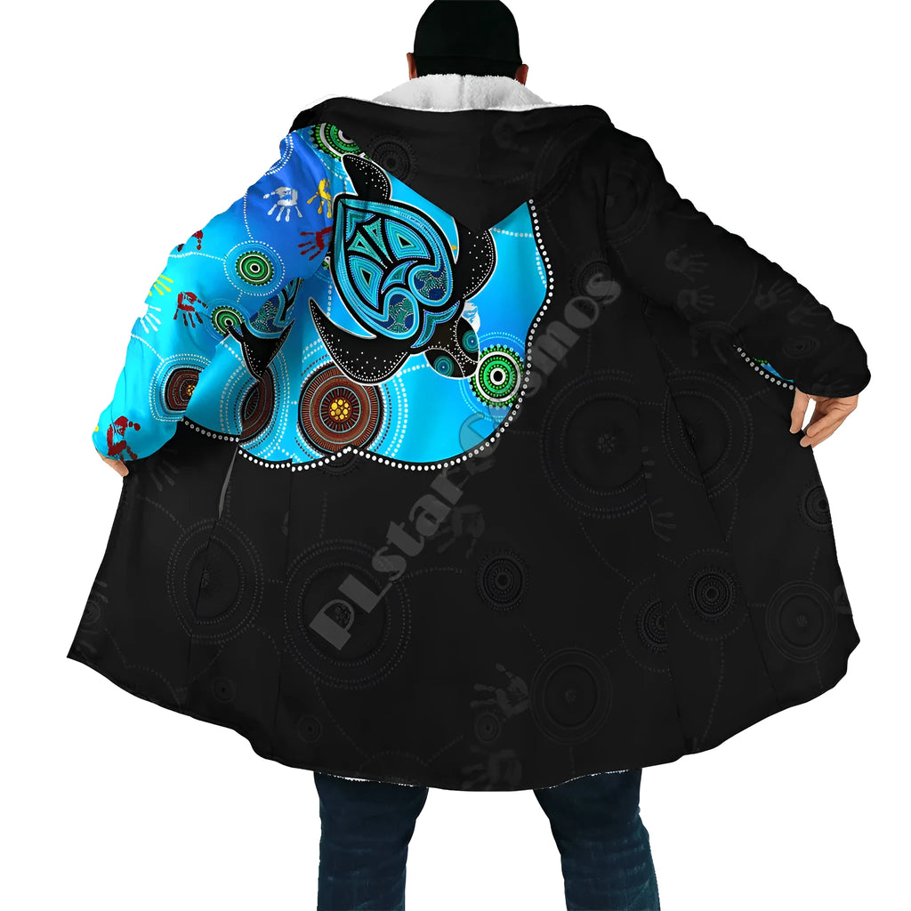 Men's fleece-lined thick windbreaker with 3D digital tattoo print hooded winter coat in loose fit