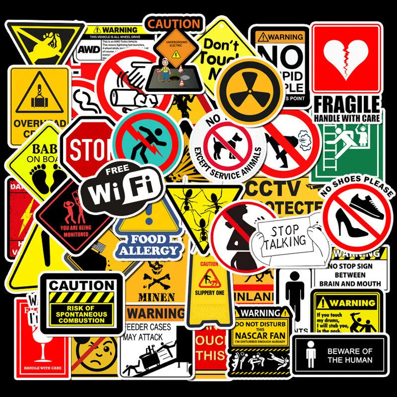Warning sign stickers 3-6cm self-adhesive 50 pack strong adhesion warning series cartoon stickers