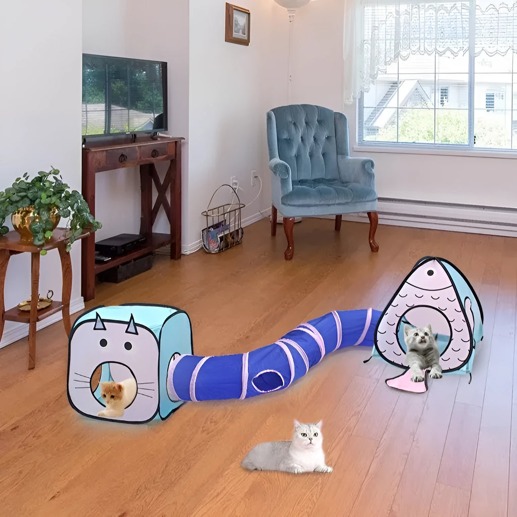 Foldable cat tunnel pet tent with three-piece design in cat and fish pattern