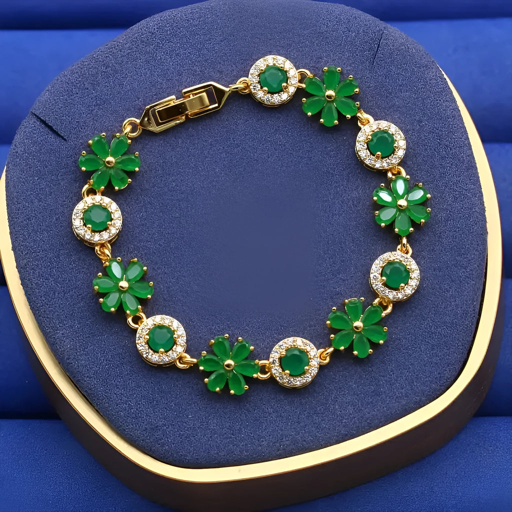 Real gold plated green zircon flower bracelet on copper base with micro inlay detail