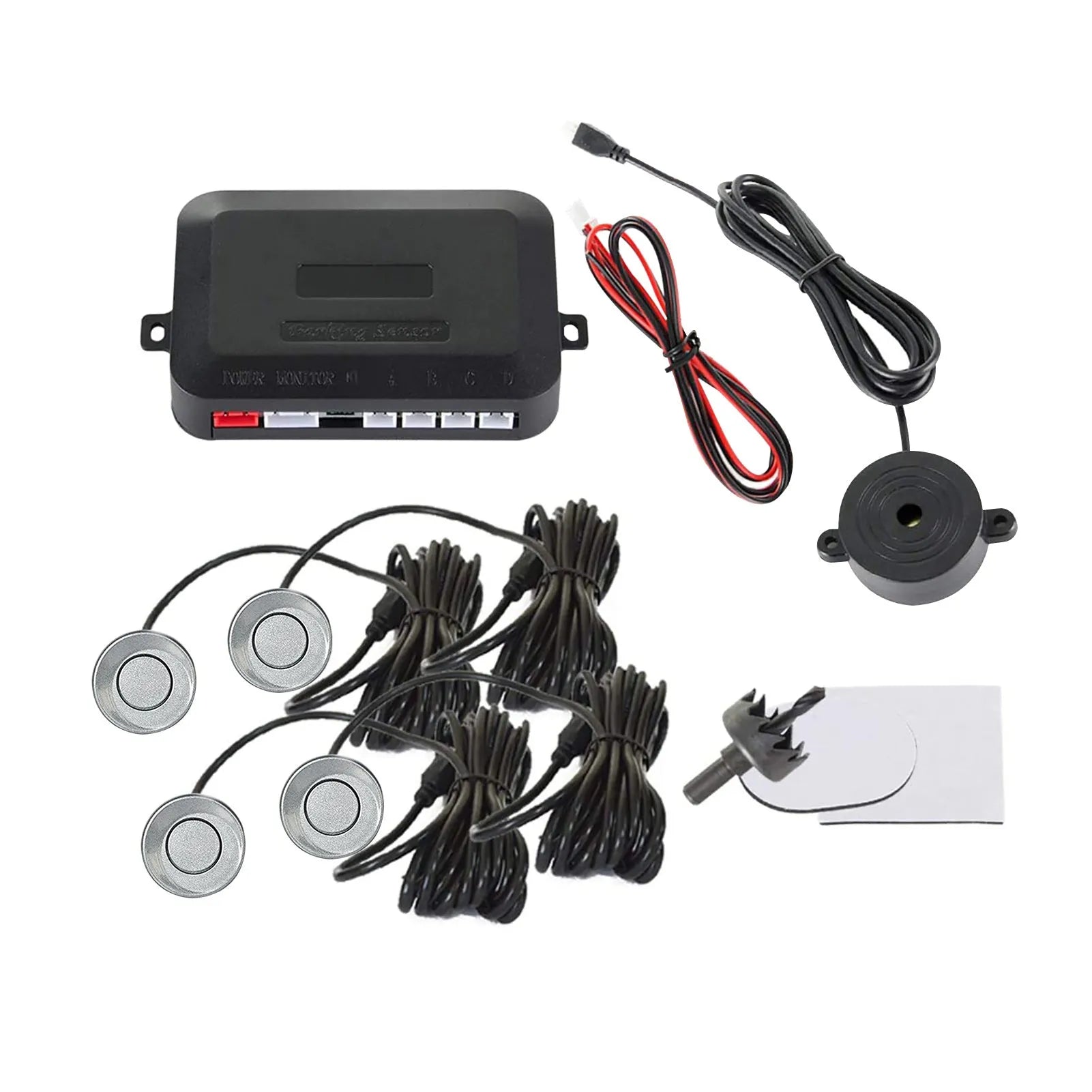 Four ultrasonic parking sensors and a buzzer control unit for a car reversing radar system.