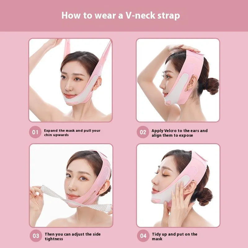 Pink and black elastic V face bandage for facial contouring with adjustable tension support
