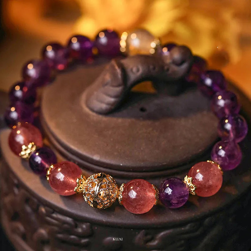 Women's artificial crystal retro bracelet with electroplated finish in yellow gold or amethyst colour options