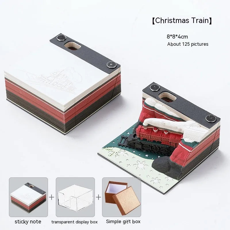 3D paper carving sticky notes showing Qingshui Temple architecture with Christmas Train coloured cover