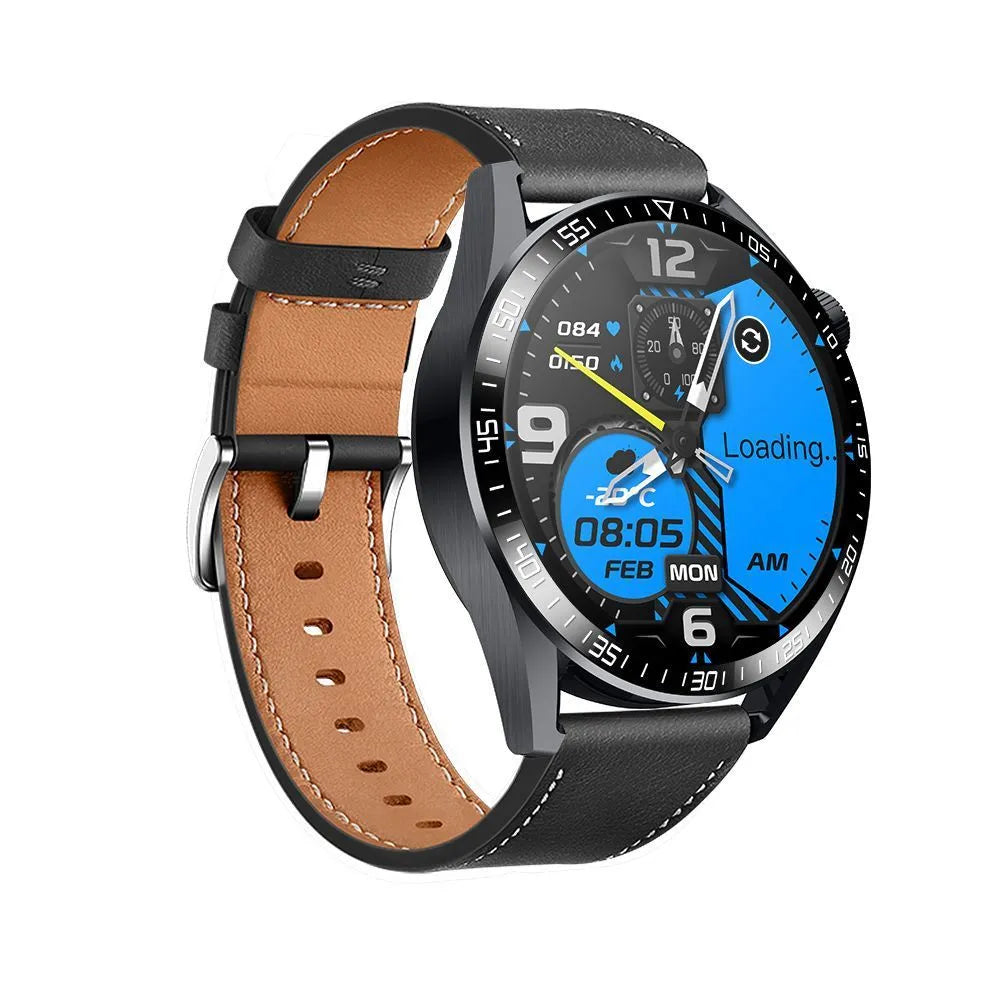 Black GS3 Max smartwatch on silicone strap showing health stats on its 1.35-inch IPS screen.
