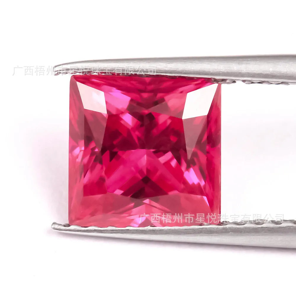 A lab-created pigeon blood red ruby gemstone shown in various cuts including round, princess square, and oval.