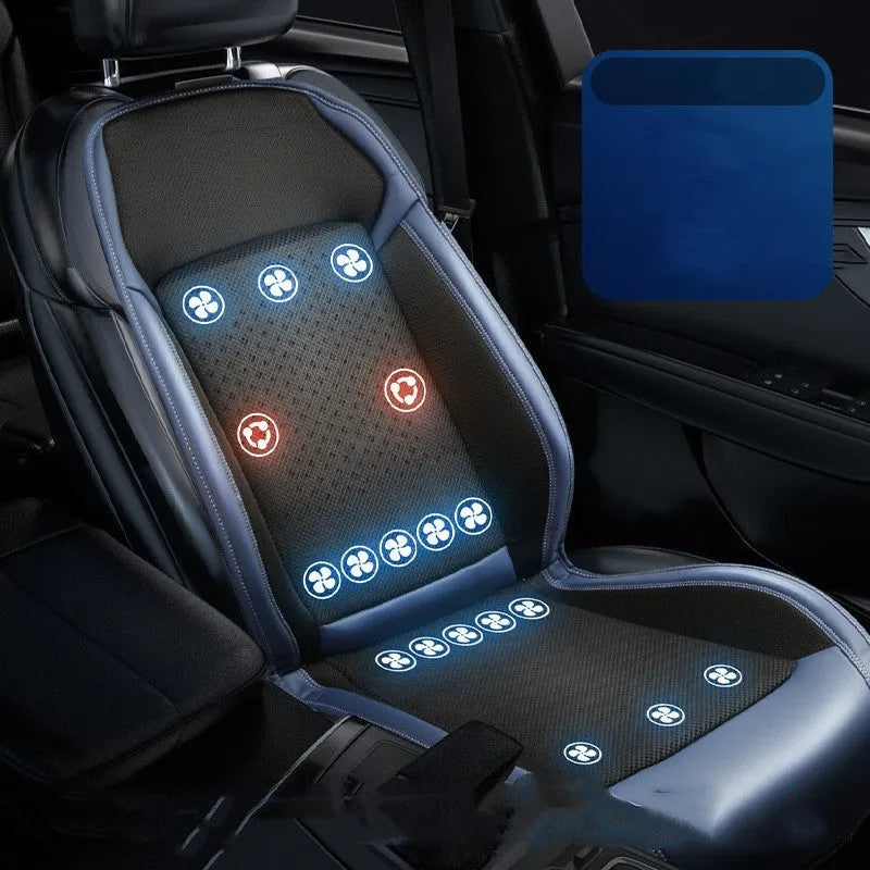 Car seat cooling pad with solid colour design showing USB and 12V power connections