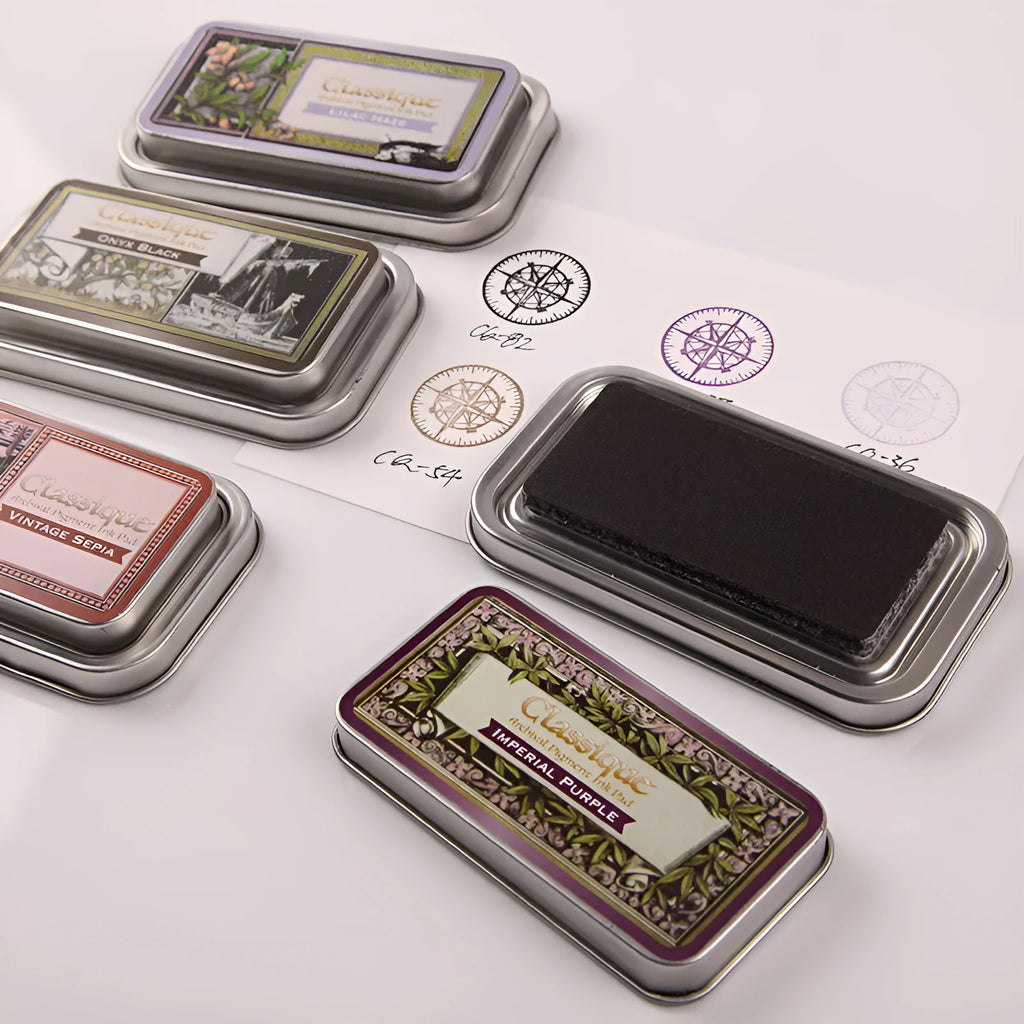 Rectangular rubber stamp ink pad with oily quick-drying ink in five colour options