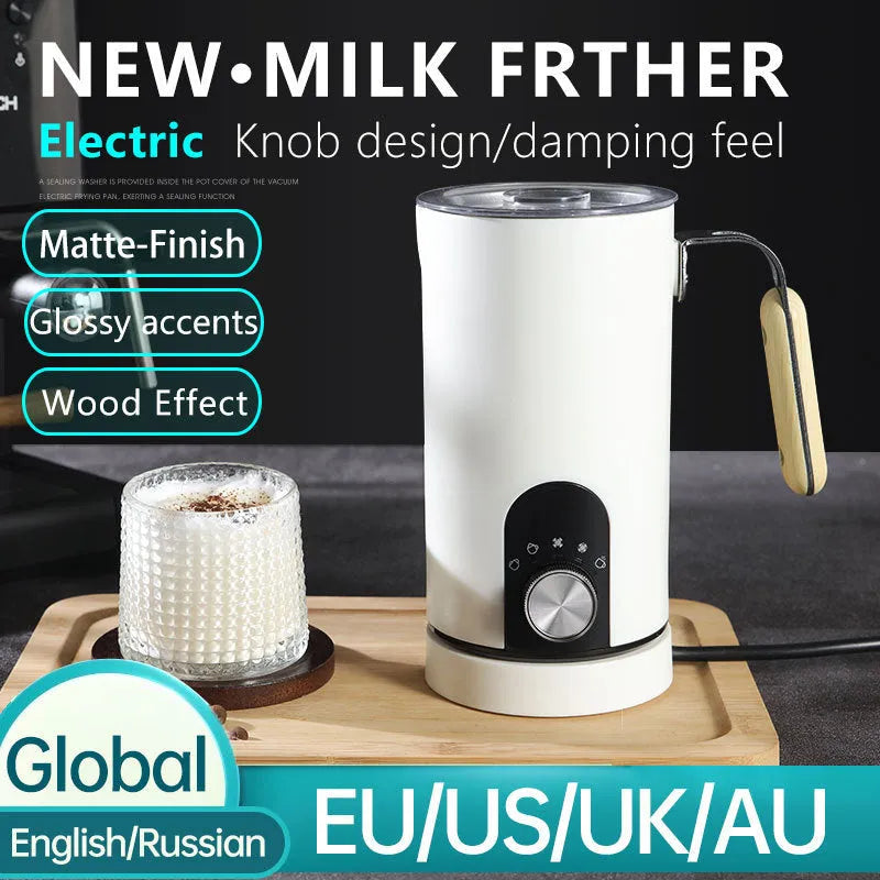 White stainless steel milk frother with knob control and 350ml capacity on a kitchen counter