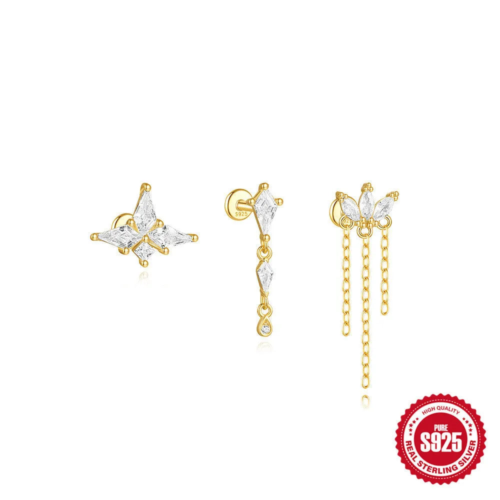 S925 sterling silver geometric kite-shaped earrings with rhinestones and a chain tassel in a gold colour.