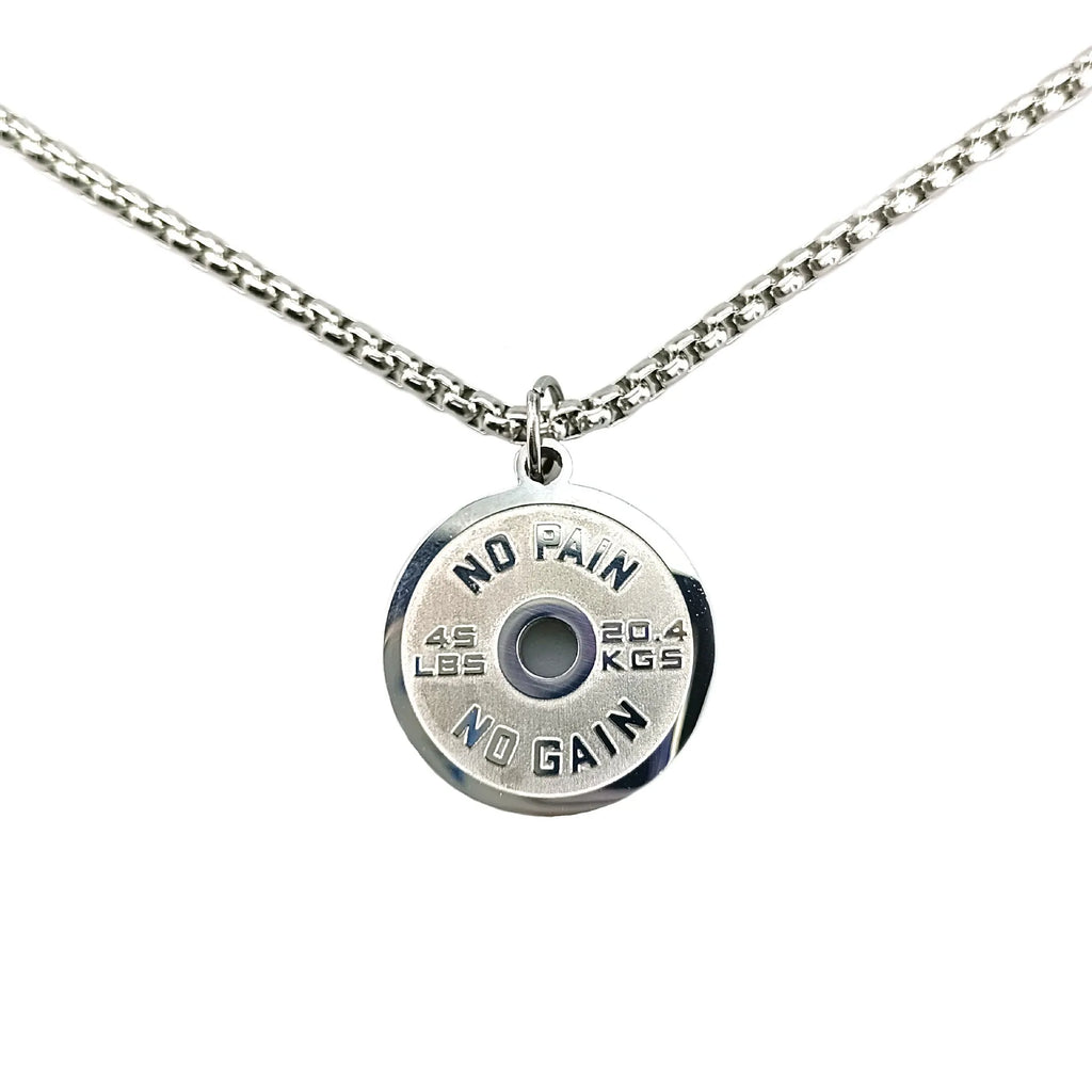 Polished stainless steel geometric barbell disk pendant necklace with choice of chain.