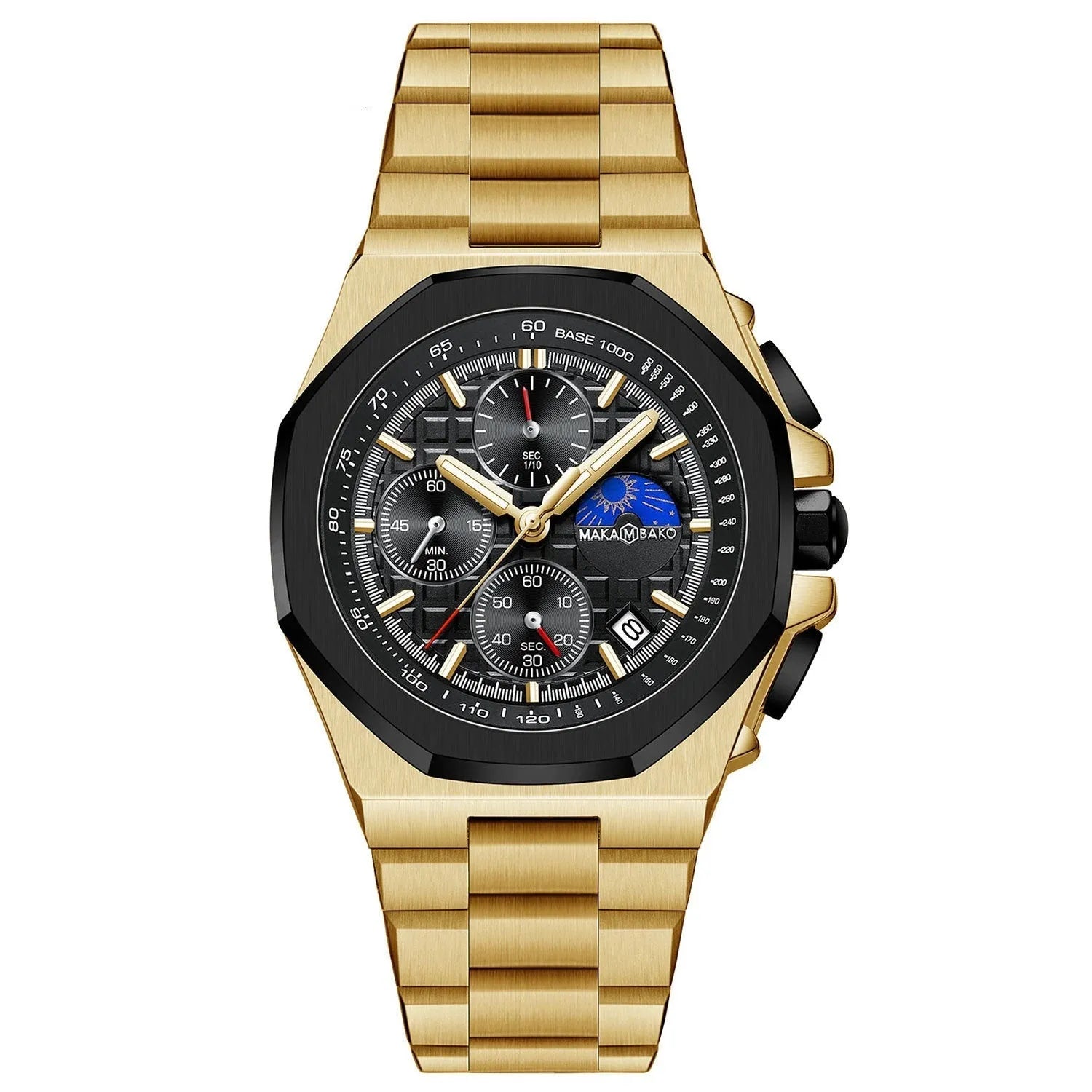 Men's quartz watch with mineral glass mirror, 12mm thickness, stainless steel buckle, blue surface and silver chain