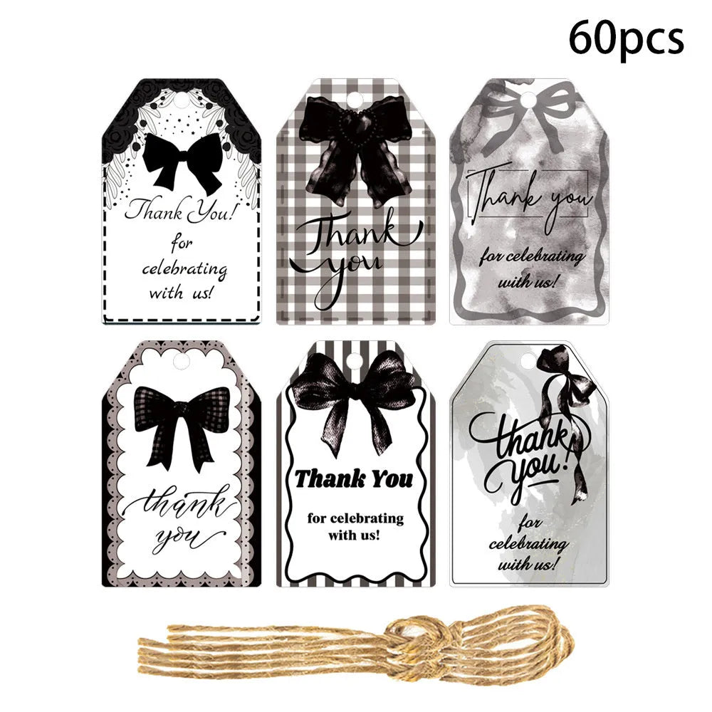Creative bowknot gift label tags set showing three decorative styles with natural hemp rope ties