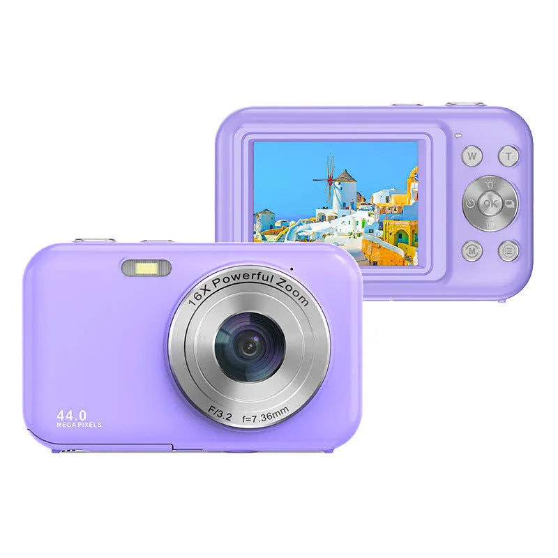 Children's digital camera in black, green, pink, or purple with 2.4-inch screen and lens.