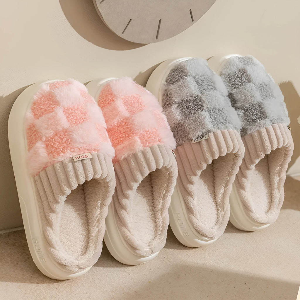 Women's plaid plush slippers with non-slip PVC sole in multiple colour options