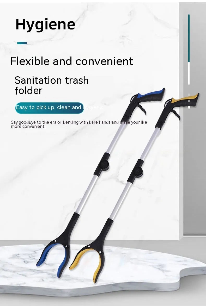 Foldable aluminium litter picker tool with magnet sucker, shown extended and with a blue handle.