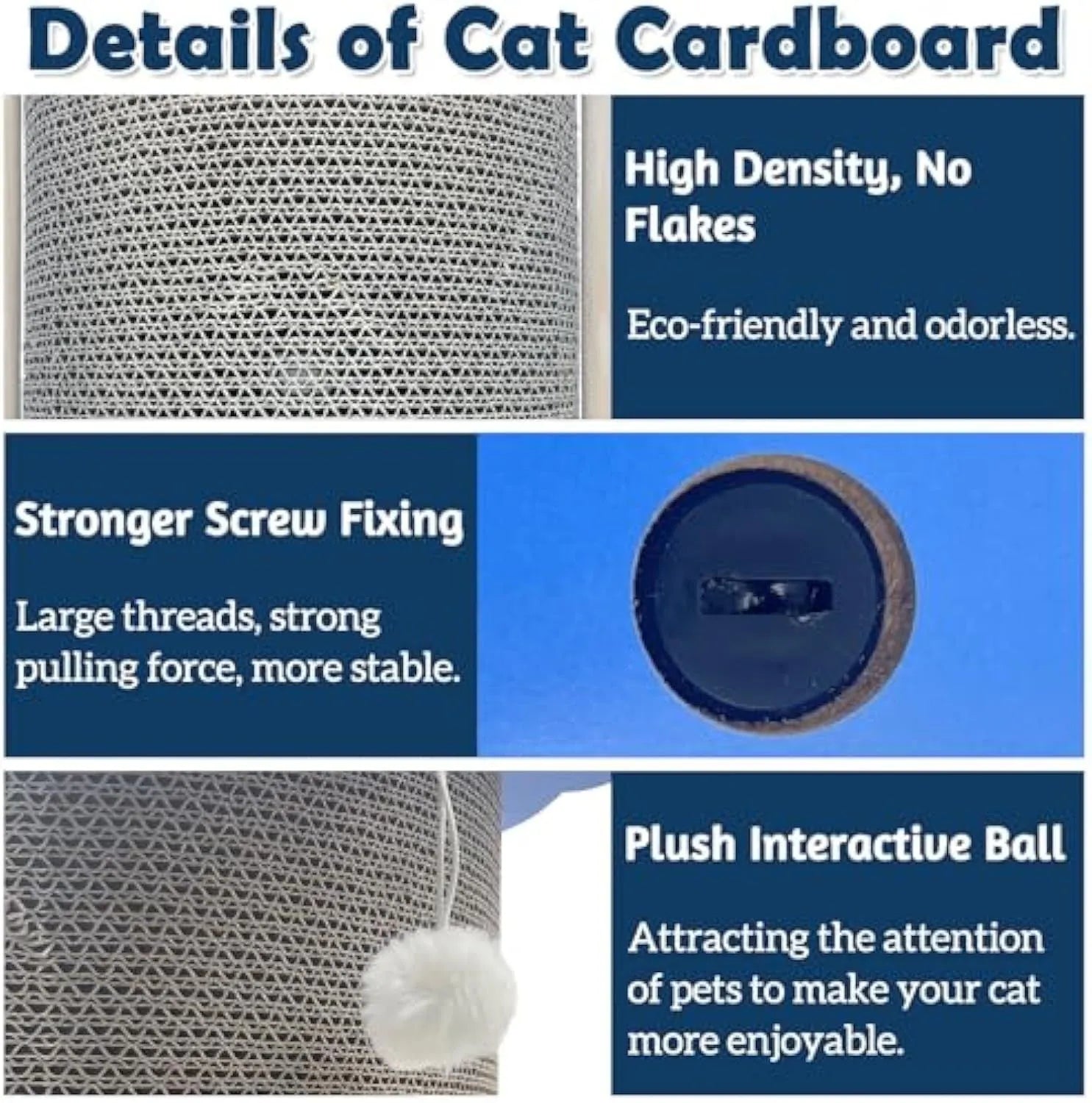 Vertical corner cat scratcher with cardboard pad and hanging ball toy on grey density board base