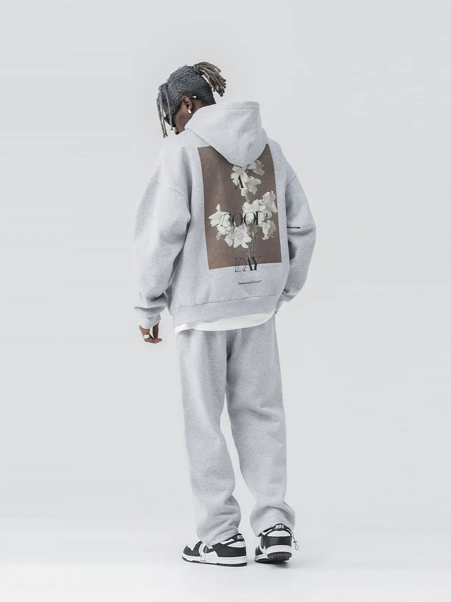 Men's hooded sweater with retro oil painting flower print in black floral grey, front view