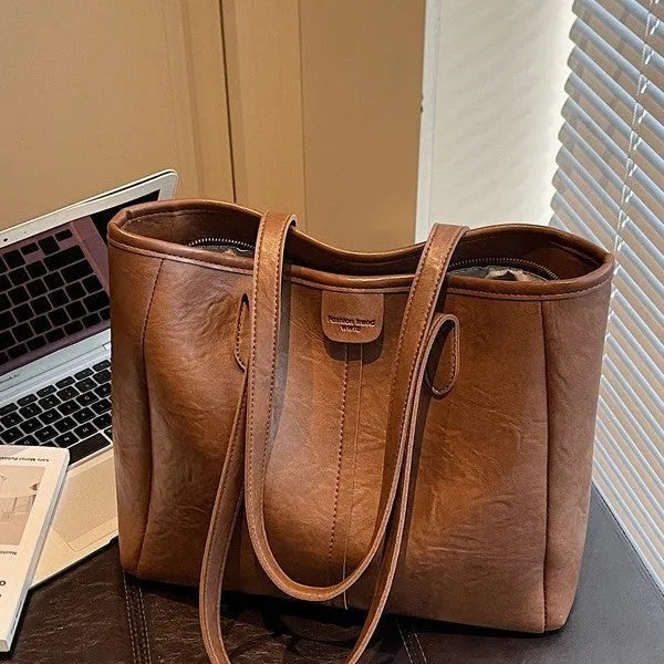 Women's large capacity PU shoulder bag in black with double straps, 37cm top width, 29cm height