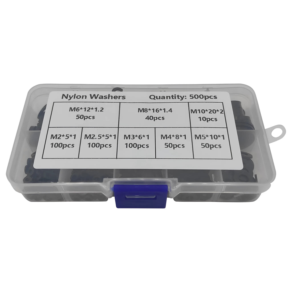 500 black nylon plastic flat gasket washers in metric sizes M2 to M10 in a storage box