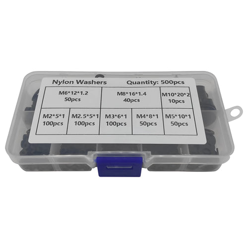 500 black nylon plastic flat gasket washers in metric sizes M2 to M10 in a storage box