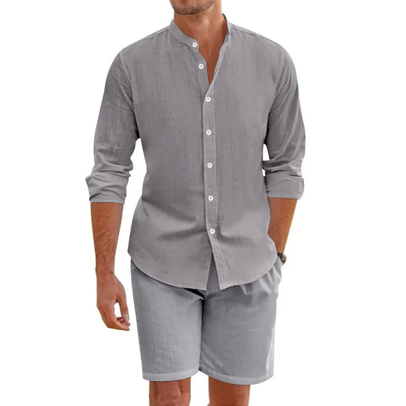 Men's summer short sleeve shirt and drawstring shorts suit in hemp blend fabric