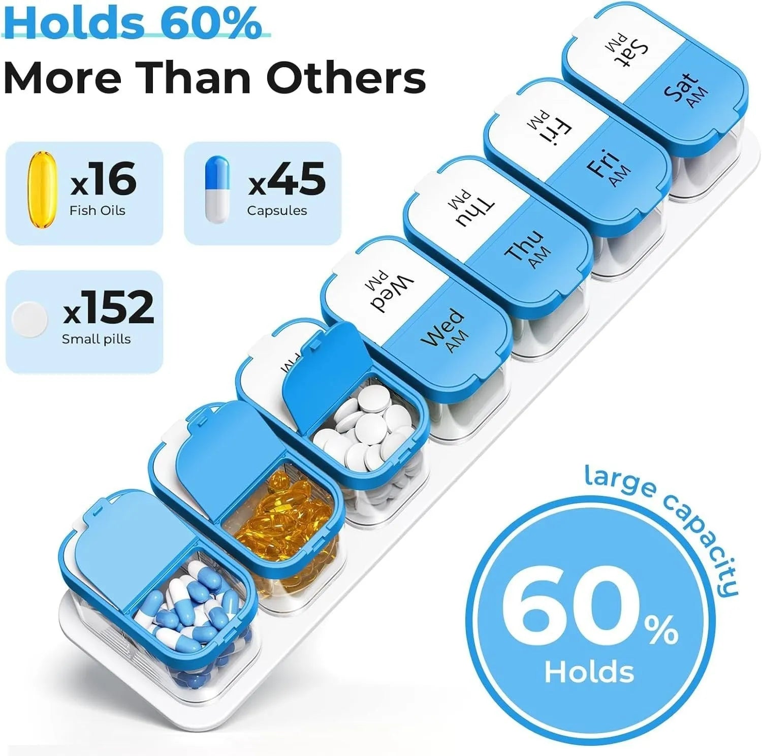 Portable 14-compartment pill box organiser with removable daily dose compartments in rainbow colour