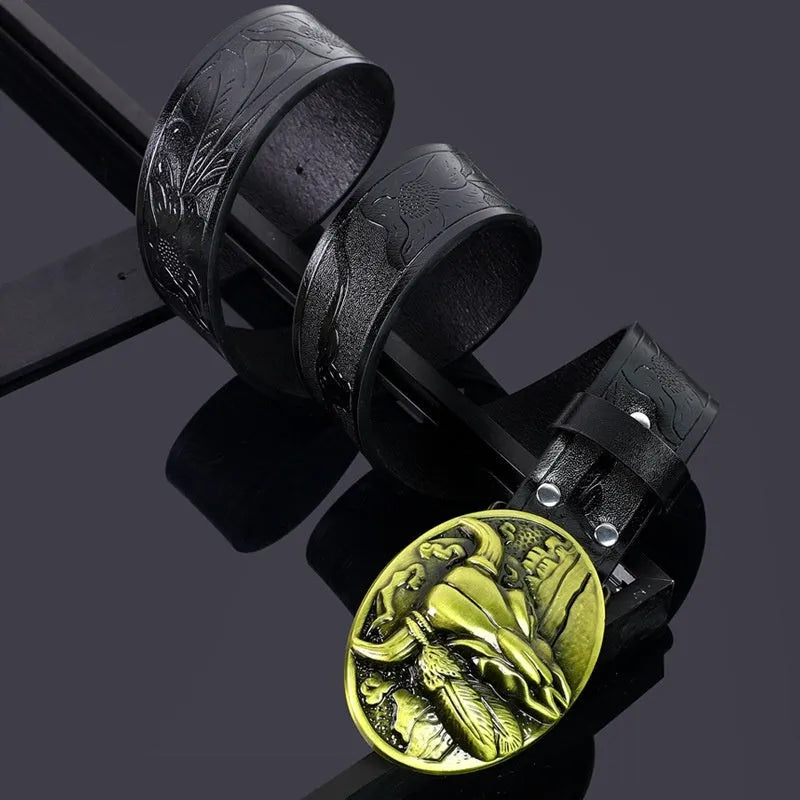 Men's brown imitation leather belt with a detailed electroplated alloy cow head buckle.