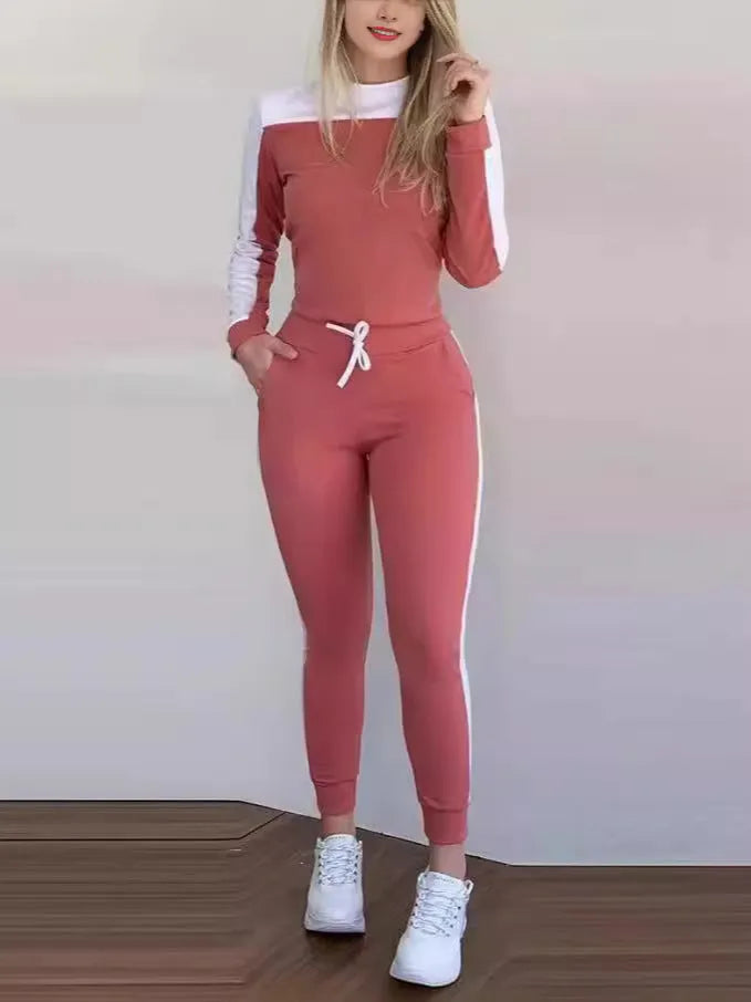 Women's colour-block long sleeve casual suit with pockets, polyester fibre, black colour option, front view on model