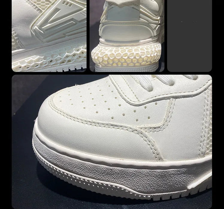 Men's summer leather breathable casual shoes in white with lace-up closure and rubber sole